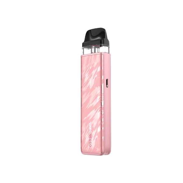 Rechargeable vape Vaporesso Xros 5 Mini Pod Kit in light pink with compact stick-type design, textured finish, clear cartridge top and integrated black mouthpiece.