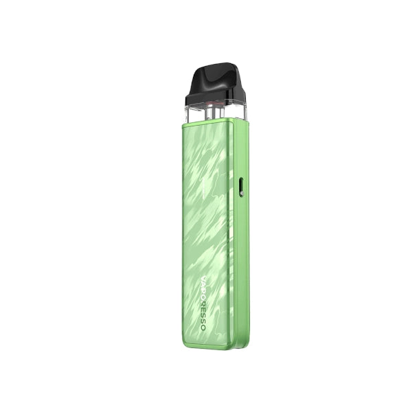 Rechargeable vape Vaporesso Xros 5 Mini Pod Kit in light green with compact stick-type design, textured finish, transparent cartridge top and integrated black mouthpiece.