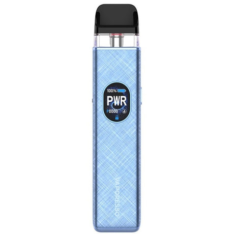 Vaper recargable Vaporesso Xros 5 Pod Kit en color azul con acabado texturizado, pantalla frontal circular con indicador de potencia y batería, y cartucho transparente superior con boquilla negra.