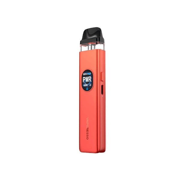 Vaper recargable Vaporesso Xros 5 Pod Kit en color rojo, pantalla frontal circular con indicador de potencia y batería, y cartucho transparente superior con boquilla negra.
