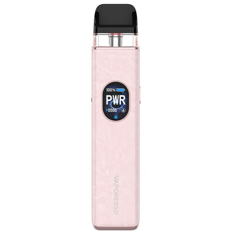 Vaper recargable Vaporesso Xros 5 Pod Kit en color rosa con acabado texturizado, pantalla frontal circular con indicador de potencia y batería, y cartucho transparente superior con boquilla negra.