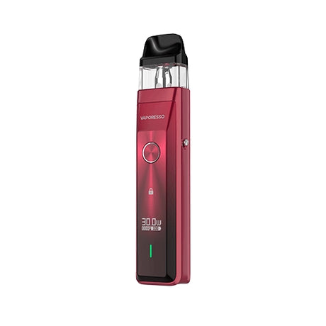 Vaper recargable Vaporesso Xros Pro Pod Kit en color rojo con diseño moderno, pantalla frontal que muestra potencia y batería, botón circular central y cartucho transparente superior con boquilla negra.