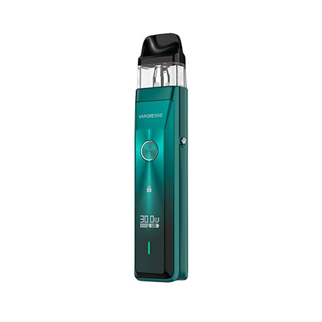 Vaper recargable Vaporesso Xros Pro Pod Kit en color verde con diseño moderno, pantalla frontal que muestra potencia y batería, botón circular central y cartucho transparente superior con boquilla negra.
