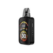 Rechargeable vape Voopoo Argus A Pod Kit in black, with a compact and square design, circular front screen with power and battery indicators, dynamic LED lighting and transparent top cartridge with integrated mouthpiece.