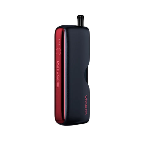Vaper recargable Voopoo Doric Galaxy Kit en color negro y rojo, con diseño compacto y ergonómico, acabado suave, boquilla tipo filtro en la parte superior e indicadores LED laterales de batería.