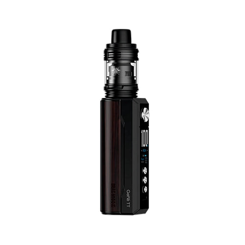Vaper recargable Voopoo Drag M100S Kit en color negro con detalles en madera oscura, diseño robusto y ergonómico, pantalla frontal digital y tanque superior transparente Uforce-L para vapeo directo a pulmón.