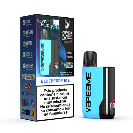 Vaper Vapeame To Revive Kit Blueberry Ice, dispositivo recargable con hasta 1000 puffs y e-liquid sabor arándano con toque mentolado refrescante, capacidad de 2 ml y 20 mg/ml de nicotina, con pantalla de batería, carga USB-C y presentación junto a su caja original.