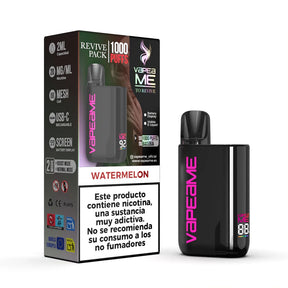 Vaper Vapeame To Revive Kit Watermelon, dispositivo recargable con hasta 1000 puffs y e-liquid sabor sandía, capacidad de 2 ml y 20 mg/ml de nicotina, con pantalla de batería, carga USB-C y presentación junto a su caja original