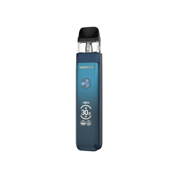 Vaper recargable Vaporesso Xros Pro 2 en color azul con diseño elegante, pantalla frontal que muestra potencia y batería, botón circular central y cartucho superior transparente con boquilla negra