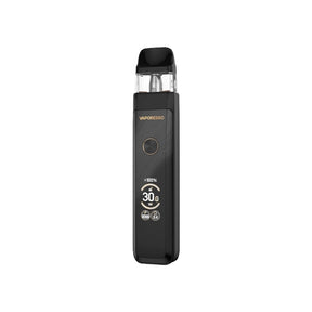 Vaper recargable Vaporesso Xros Pro 2 en color negro con diseño elegante, pantalla frontal que muestra potencia y batería, botón circular central y cartucho superior transparente con boquilla negra.