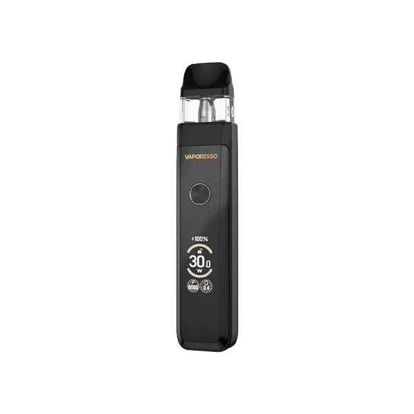 Vaper recargable Vaporesso Xros Pro 2 en color negro con diseño elegante, pantalla frontal que muestra potencia y batería, botón circular central y cartucho superior transparente con boquilla negra.