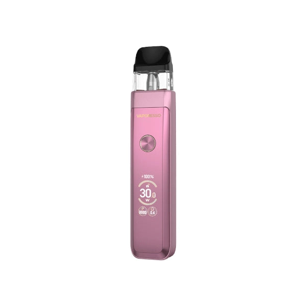 Vaper recargable Vaporesso Xros Pro 2 en color rosa con diseño elegante, pantalla frontal que muestra potencia y batería, botón circular central y cartucho superior transparente con boquilla negra