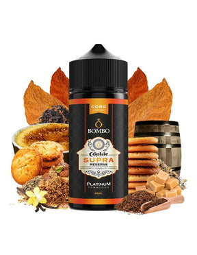 Bottiglia di marca Bombo, aroma al gusto di biscotto a riempimento lungo per Svapatore. Supra Reserve Core Edition bombo platino da 20 ml