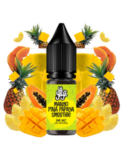 Líquido para vapeo La Yaya Salts Mango Piña Papaya Smoothie 10ml con sales de nicotina, botella con diseño en tonos tropicales, acompañado de mango, piña y papaya que representan su sabor tipo smoothie.